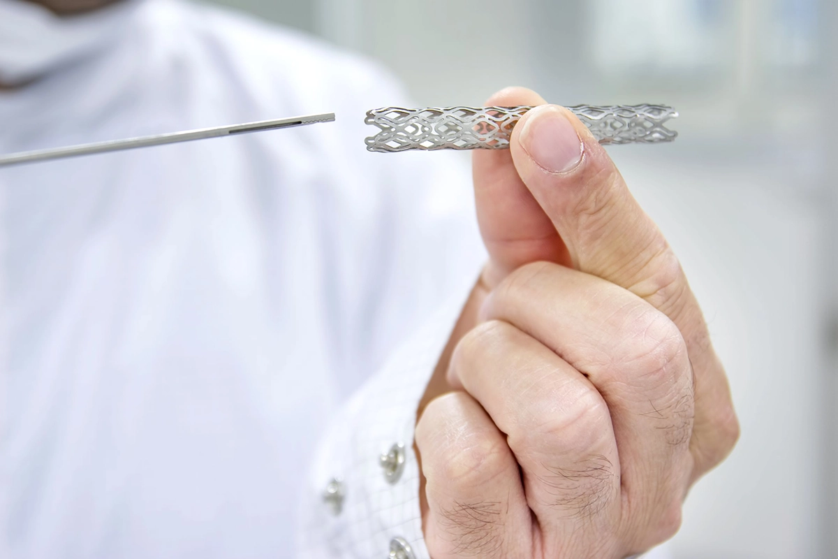 A close-up of a heart stent